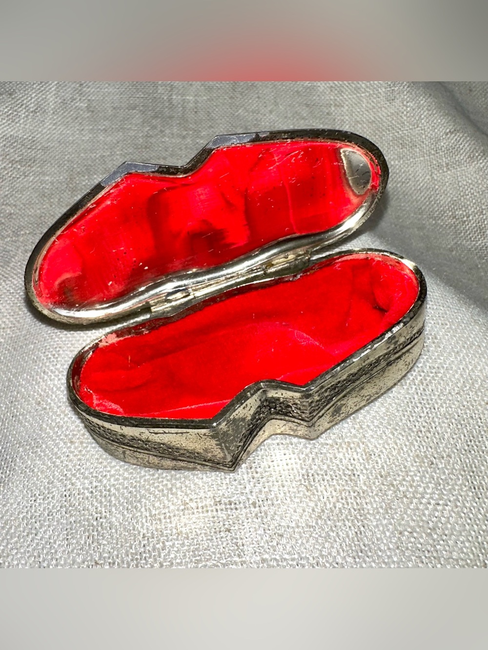 Vintage Japan Silver & Red Heart Shoe Trinket Box Jewelry Holder Vanity Decor